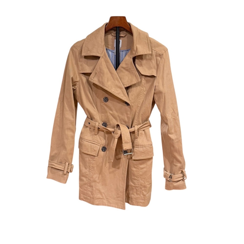 Vtg Y2K Gap Womens Khaki Double Breasted Belted Trench Coat Jacket Academia sz M